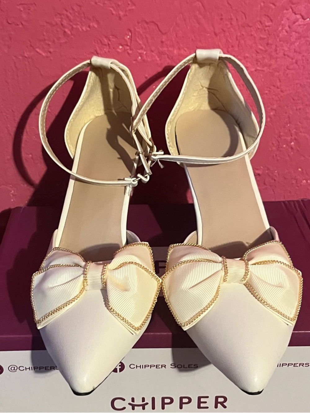 Chipper Cream Pointed-Toe Flats with Bow and Ankle Strap